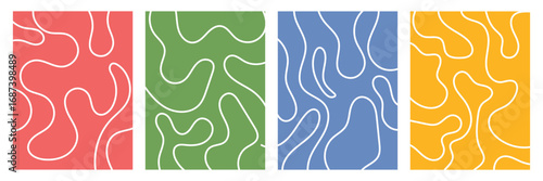 groovy organic lines, fluid, curved, wiggling stripes, waves vector seamless patterns set. liquid, funky chaotic ornaments, funky backgrounds. doodle, uneven hand drawn wavy, winding twisted lines .