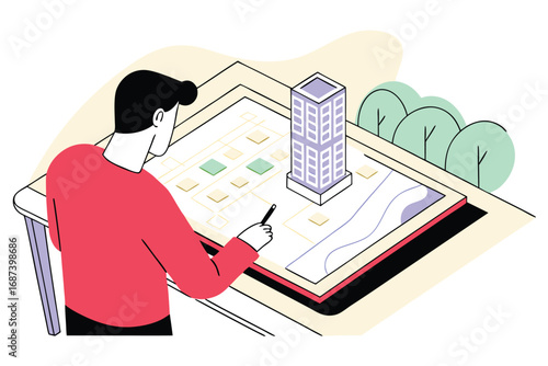 Architect or urban planner using a tablet to design a city layout with a building model urban planning