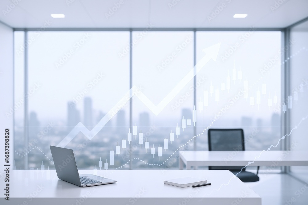 Fototapeta premium Modern Office with Financial Growth Chart Overlay: Business Success, Investment, and Economic Recovery Concept