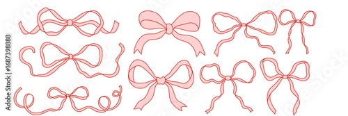 Set of hand drawn ribbon bows in coquette style. Cute feminine decorative elements for digital design, scrapbooking, planners, invitations, packaging, and social media. Isolated on white vector art