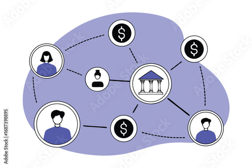 Conceptual illustration of a financial network connecting people, a bank, and dollar signs finance