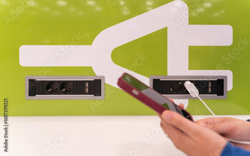 I charge my device at a charging point at the airport.