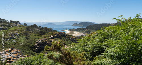 Highest mountain on the Cies Islands, Vigo, Spain. Views of white sandy beaches with a large green forest area.