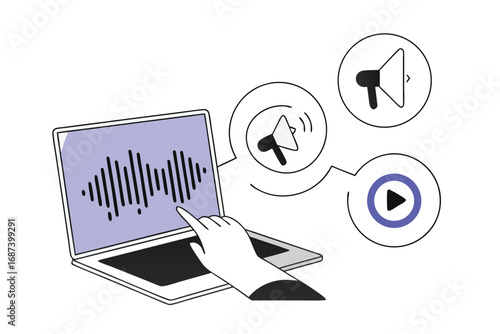 Hand interacting with laptop displaying audio waveform and marketing icons sound computer