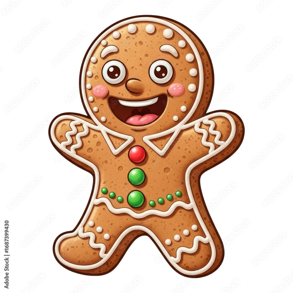 Obraz premium Happy gingerbread man with red and green buttons transparent background