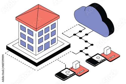 Isometric illustration of a building connected to a cloud and devices Keywords: isometric, building, cloud, data, connection, network, server, technology, digital, storage, online, communication