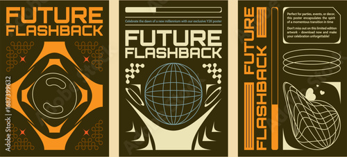 Retro futuristic vibe flyers set. Vector realistic illustration of y2k aesthetic techno banners, retrowave style poster with yellow wireframe globe, abstract geometric lines on black background