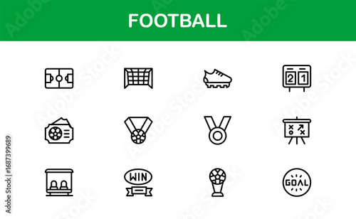 Football Line Icon Set – Professional Modern Vector Symbols for Sports Enthusiasts, Minimal Outline Icons for Club, League, and Tournament Designs