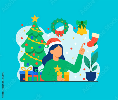 Christmas Celebration Festive Woman with Gifts and Decorations