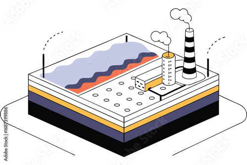 Isometric illustration of an industrial factory with water, smoke, and layers manufacturing plant