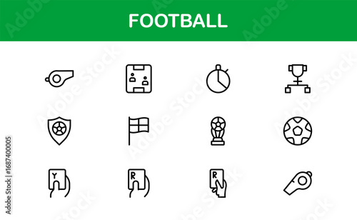 Football Line Icon Set – Professional Modern Vector Symbols for Sports Enthusiasts, Minimal Outline Icons for Club, League, and Tournament Designs