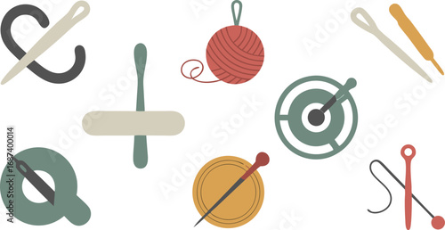 Various Crafting Tools Including Needles, Yarn, Pins, and Spindles Depicted on White Background