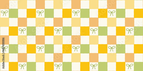Checkerboard seamless pattern with bows in yellow and green