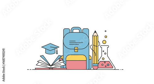 Backpack, Books, and Science Kit on Desk, Study Environment, Illustration Concept