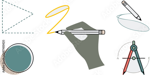 Various Geometric Shapes and Drawing Tools Triangle, Circle, Pencil Drawing, Ellipse, Hand Drawing, Compass Illustration