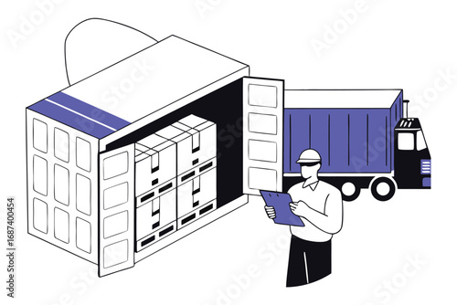Logistics worker with clipboard inspecting cargo boxes inside an open shipping container next to a truck
