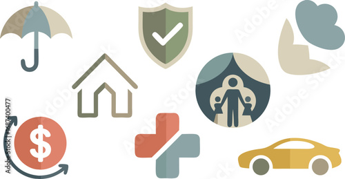 Various Insurance Icons Umbrella, Home, Health, Car, Family, Protection, and Finances Explained Visually