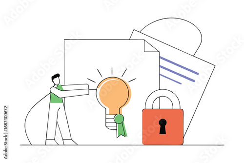 Person holding a glowing lightbulb next to a locked padlock and documents symbolizing idea protection