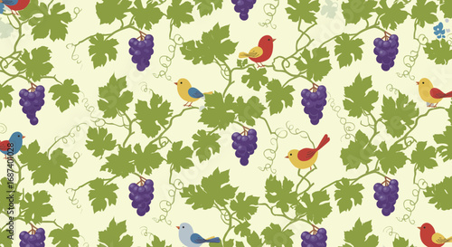 Seamless pattern featuring birds and grapes vines for textile background usage