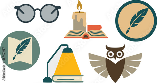 Vintage Academia Flat Illustration with Glasses, Candle, Books, Quill Pen, Lamp, and Owl