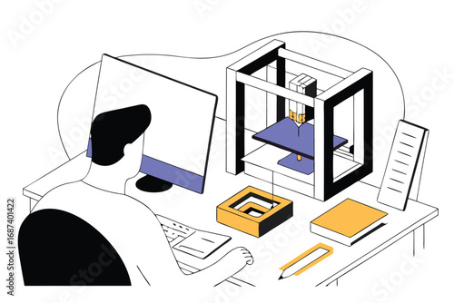 Person working at a desk with a3D printer computer and objects 3d printer keyboard