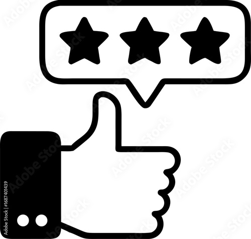 A vector line icon of a thumbs-up hand gesture with a three-star rating bubble, representing customer satisfaction and positive review