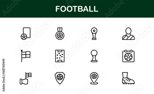 Football Line Icon Set – Professional Modern Vector Symbols for Sports Enthusiasts, Minimal Outline Icons for Club, League, and Tournament Designs