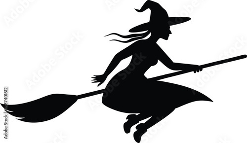Hand-Drawn Witch Silhouette - Textured Broom Flight Vector