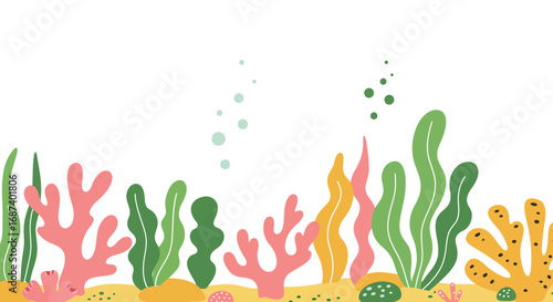 Colorful underwater plants and coral reef illustration with bubbles background