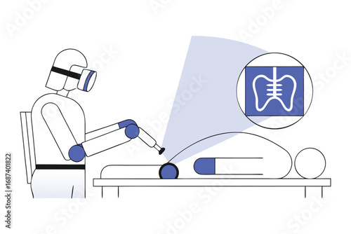 Robot surgeon performing a medical procedure on a patient with an X-ray of a spine displayed Keywords: robot, surgeon, medical, procedure, patient, surgery, operation, technology, healthcare