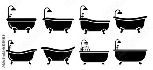 Collection of Black Bathtub Icons with Showers and Faucets on White Background