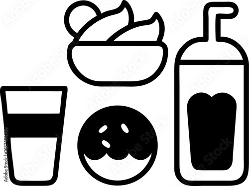Vector illustration of various food and beverage items, perfect for menus, websites, or culinary presentations. Featuring a drink, salad, dessert and more
