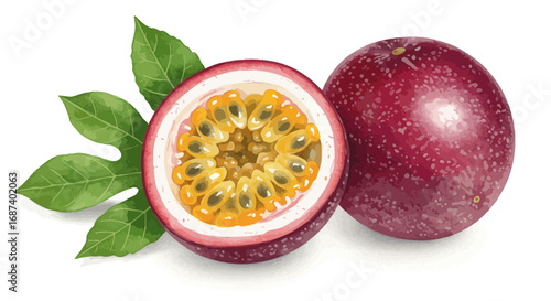 Vibrant Watercolor Illustration of Passion Fruit with Leaves on White Background