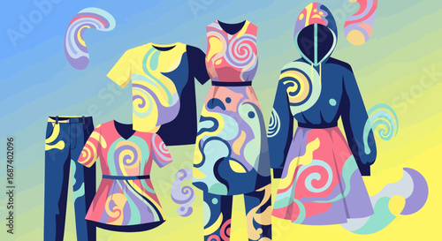 Colorful Clothing Designs Showcase, Modern Studio Environment, Digital Illustration