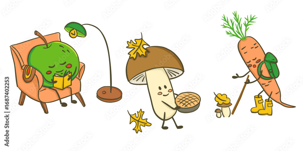 Fototapeta premium Cute autumn characters including a reading apple, a mushroom with pie and a hiking carrot with boots. Concept reflects cozy fall vibes, seasonal fun and whimsical vegetable illustration