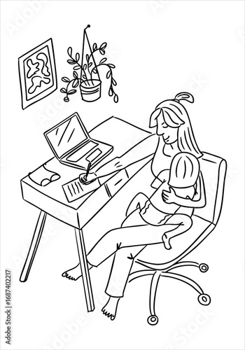 Mother working from home with a child on her lap at a desk with a laptop and plant. Concept shows multitasking, work-life balance and remote working lifestyle