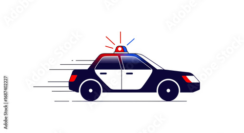 Police Car in Motion, Urban Environment, Digital Illustration, Night Scene, Dynamic Viewpoint, Law Enforcement Concept