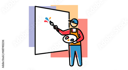 Creative Artist Painting on Canvas in Studio, Illustration, Vibrant Colors, Artistic Environment, Close-Up Viewpoint