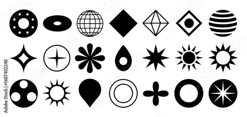 Collection of Black Geometric and Abstract Icons on White Background
