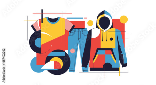 Stylish Apparel Display, Clothing Showcase, Urban Environment, Graphic Illustration, Vibrant Colors, Modern Aesthetic, Fashion Concept