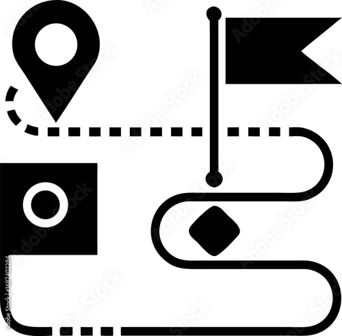 A strategic roadmap illustrating a winding journey from the start point to the final destination flag, showing progress and goals