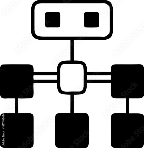 Monochrome vector illustration of a computer network diagram. Isolated technology icon showing a server connection and system hierarchy