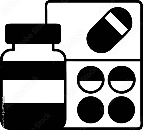 Medical supplies and medication icons including a pill bottle, blister pack, and pills, representing healthcare and pharmaceutical products