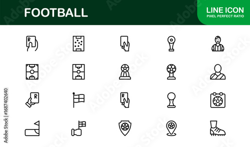 Football Line Icon Set – Professional Modern Vector Symbols for Sports Enthusiasts, Minimal Outline Icons for Club, League, and Tournament Designs