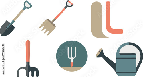 Whimsical Illustration of Gardening Tools Shovel, Rakes, Watering Can, and Pitchfork Icon