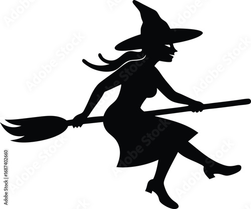 Silhouette Witch on Broomstick - Black Vector Clip Art for Halloween Designs