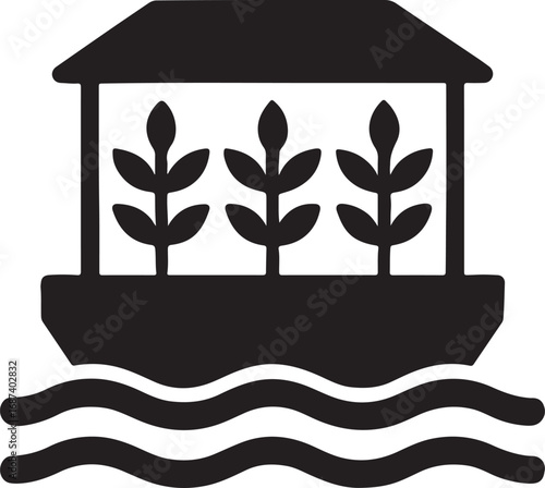 A stylized black and white icon depicting a floating structure with three plants growing on it, situated on wavy water.
