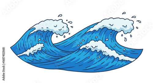 Stylized cartoon ocean waves with white foam crests and playful water droplets
