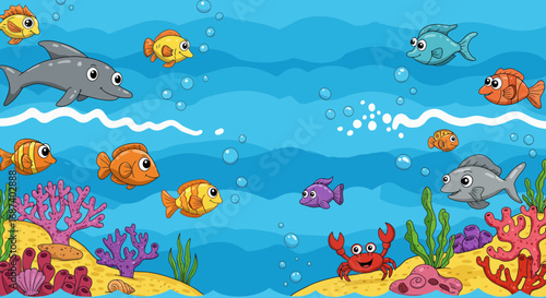 Charming cartoon underwater scene with colorful fish dolphin and coral reefs