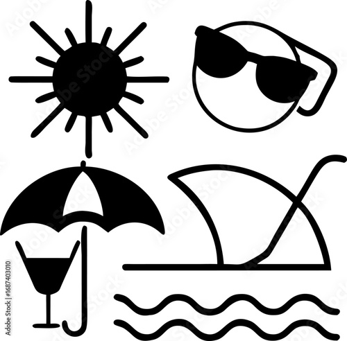 Collection of black and white summer vacation icons featuring sun, sunglasses, beach umbrella, cocktail and shark fin illustration set